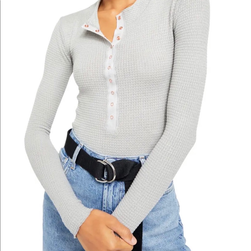 Free People Grey Waffle Henley Long Sleeve